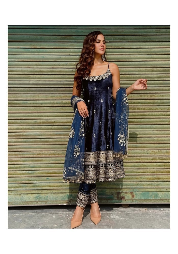 Malishka Export Blue Vichitra Silk Anarkali Kurta Pant for Women - Image 3